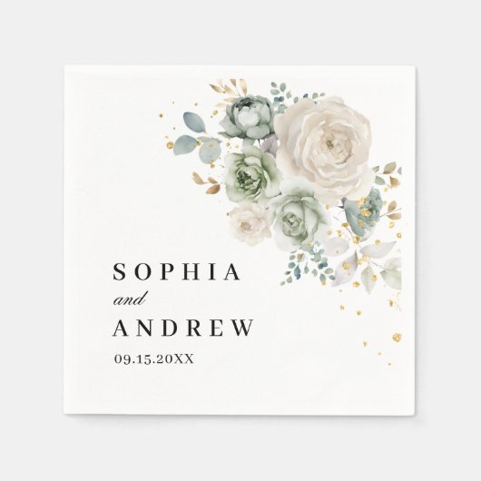 Serviette En Papier Mariage de fleurs vertes et blanches Sage (Devant)