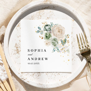 Serviette En Papier Mariage de fleurs vertes et blanches Sage