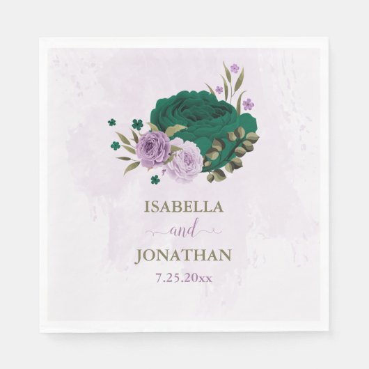 Serviette En Papier mariage de fleurs violettes vert émeraude (Devant)