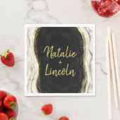 Serviette En Papier Mariage de géode noir blanc et or Monogram Diner (En situation)