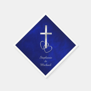 Serviette En Papier Mariage de la Croix chrétienne d'argent bleu