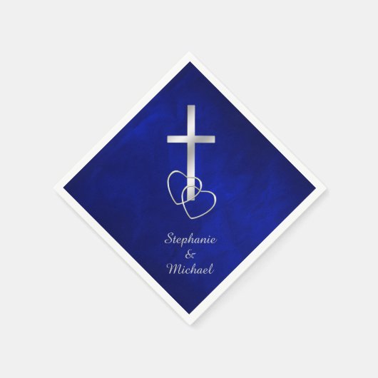 Serviette En Papier Mariage de la Croix chrétienne d'argent bleu (Coin)
