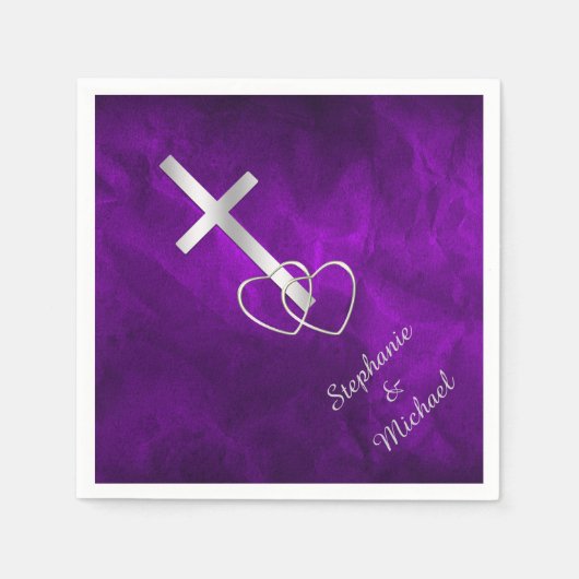 Serviette En Papier Mariage de la Croix chrétienne d'argent violet (Devant)