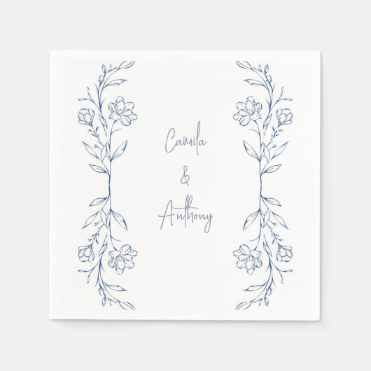 Serviette En Papier Mariage de la frontière côté Boho floral bleu (Devant)