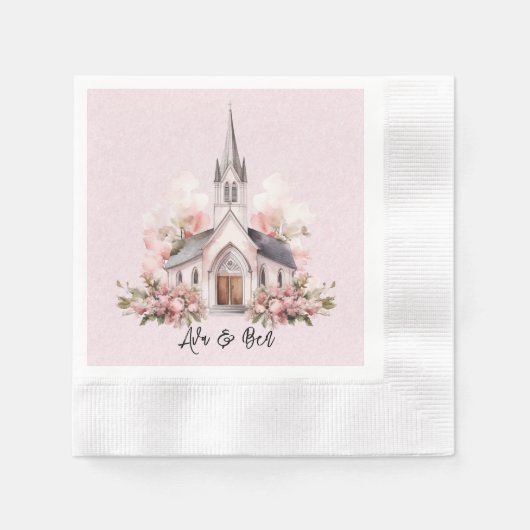 Serviette En Papier Mariage de l'église d'aquarelle rose (Devant)