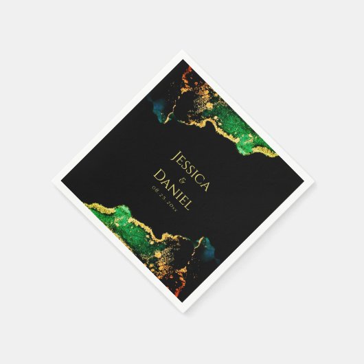 Serviette En Papier Mariage de l'or noir vert chic (Coin)