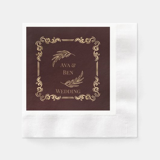 Serviette En Papier Mariage de luxe Bourgogne et or (Devant)