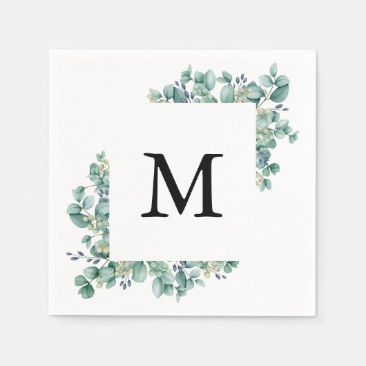 Serviette En Papier Mariage de monogramme à feuilles vertes d'Eucalypt (Devant)