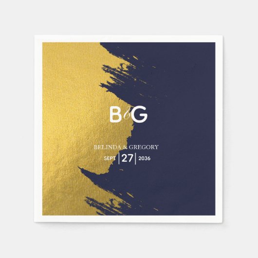 Serviette En Papier Mariage de Monogramme bleu de la Marine Faux Gold (Devant)