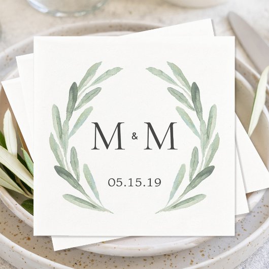 Serviette En Papier Mariage de monogramme de courroie vert rustique
