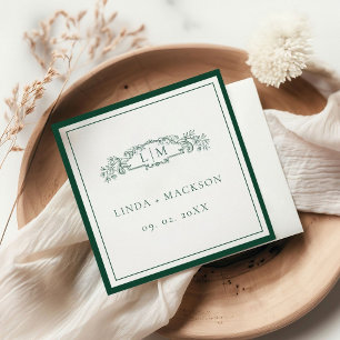 Serviette En Papier Mariage de monogramme de crête botanique Emerald G