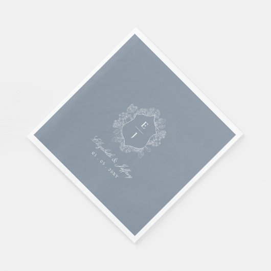 Serviette En Papier Mariage de monogramme de crête florale bleu-poussi (Coin)