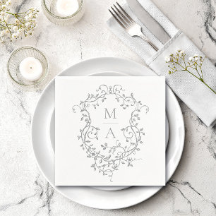 Serviette En Papier Mariage de monogramme de crête florale gris classi