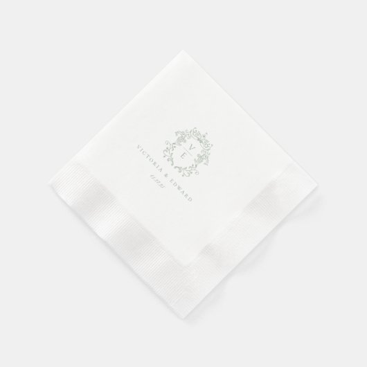 Serviette En Papier Mariage de monogramme de crête verte Sage (Coin)