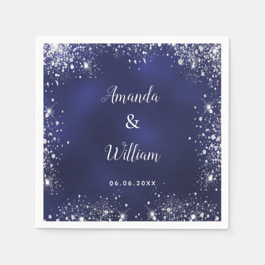 Serviette En Papier Mariage de monogramme de parties scintillant bleu  (Devant)