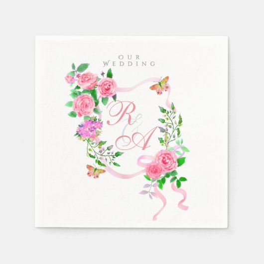 Serviette En Papier Mariage de monogramme de ruban rose (Devant)