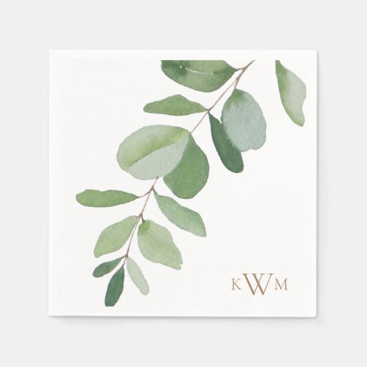 Serviette En Papier Mariage de Monogramme d'or Stem vert (Devant)