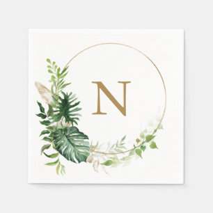 Serviette En Papier Mariage de Monogramme d'or vert tropical