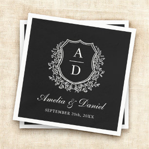 Serviette En Papier Mariage de monogramme élégant en crête blanche noi
