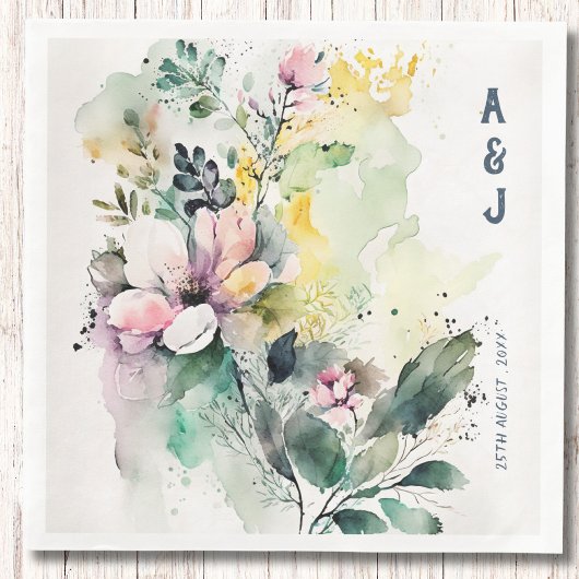 Serviette En Papier Mariage de monogramme floral aquarelle