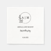 Serviette En Papier Mariage de monogramme floral minimal noir (Devant)