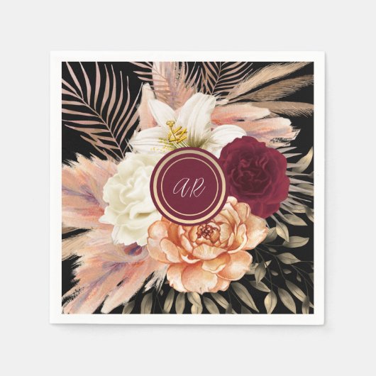 Serviette En Papier Mariage de monogramme floral noir (Devant)