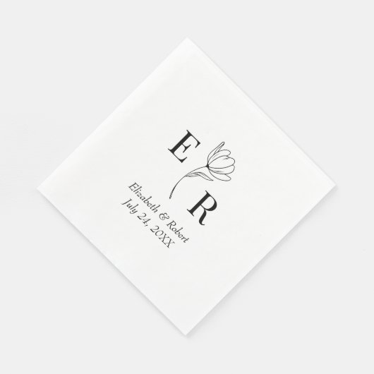 Serviette En Papier Mariage de monogramme floral noir et blanc (Coin)