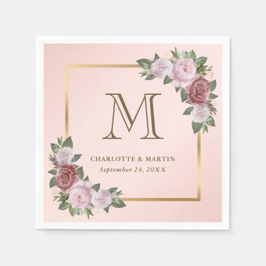 Serviette En Papier Mariage de monogramme floral rose vif (Devant)