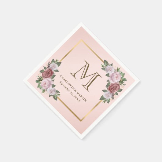 Serviette En Papier Mariage de monogramme floral rose vif (Coin)