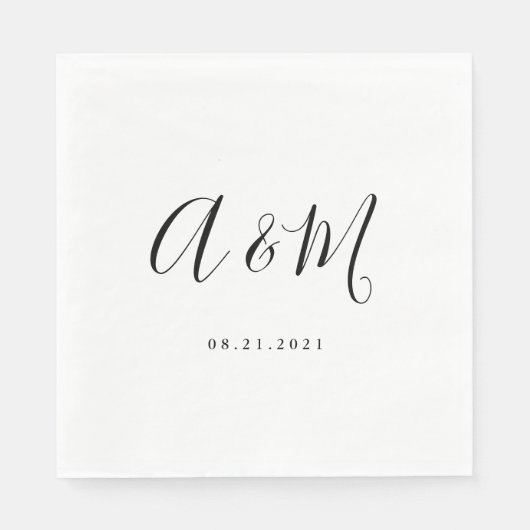 Serviette En Papier Mariage de monogramme noir blanc élégant (Devant)