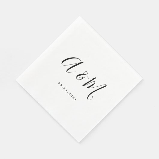 Serviette En Papier Mariage de monogramme noir blanc élégant (Coin)