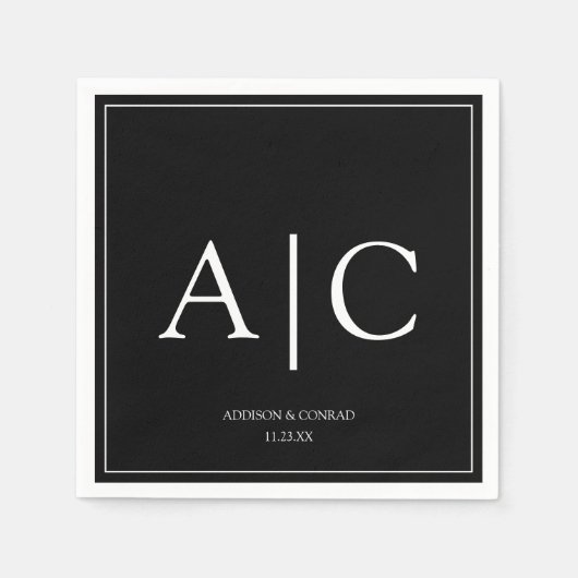 Serviette En Papier Mariage de Monogramme noir classique moderne (Devant)