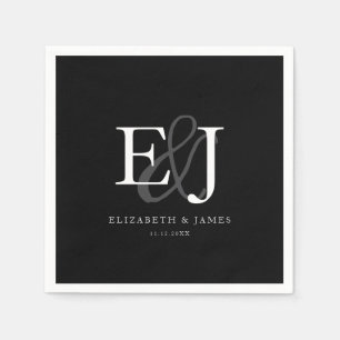 Serviette En Papier Mariage de monogramme noir et blanc élégant