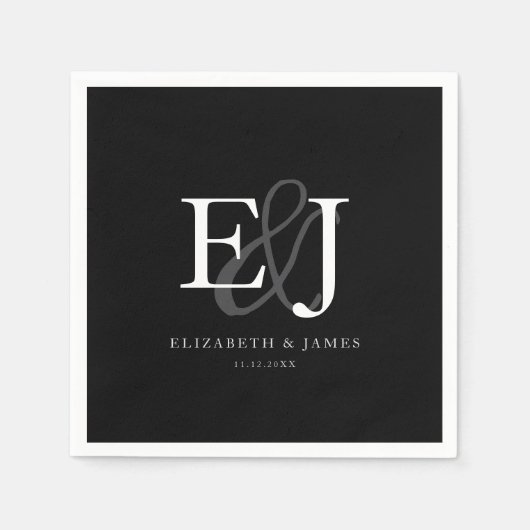 Serviette En Papier Mariage de monogramme noir et blanc élégant (Devant)