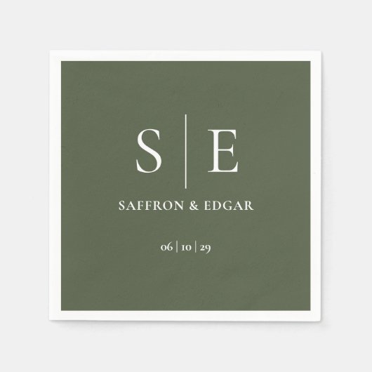 Serviette En Papier Mariage de monogramme vert olive (Devant)