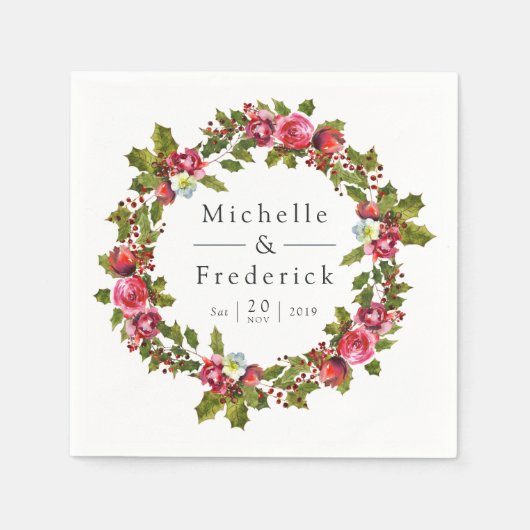 Serviette En Papier Mariage de Noël Floral Holly Aquarelle (Devant)