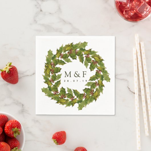 Serviette En Papier Mariage de Noël Floral Holly Aquarelle (En situation)