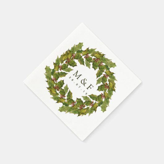 Serviette En Papier Mariage de Noël Floral Holly Aquarelle (Coin)
