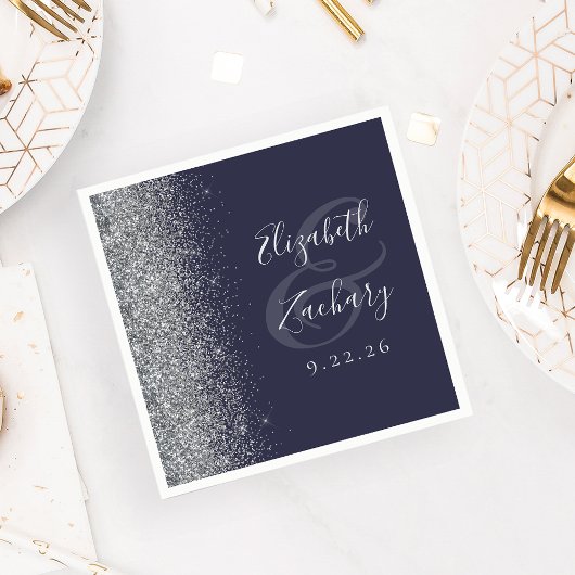 Serviette En Papier Mariage de Parties scintillant en argent bleu fonc