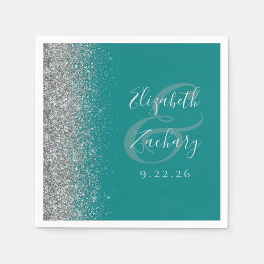 Serviette En Papier Mariage de Parties scintillant en argent turquoise (Devant)