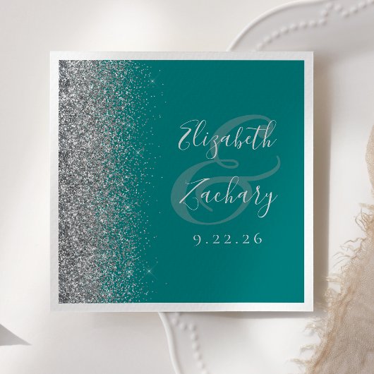 Serviette En Papier Mariage de Parties scintillant en argent turquoise