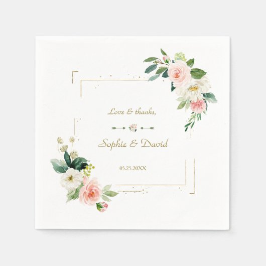 Serviette En Papier Mariage de Parties scintillant or aux fleurs blanc (Devant)