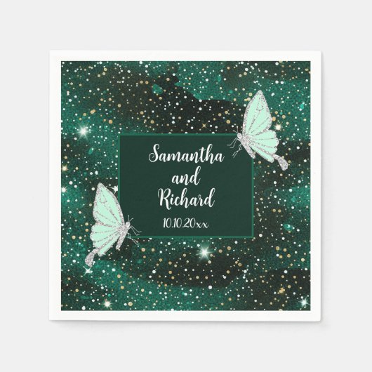 Serviette En Papier Mariage de Parties scintillant verte Emerald Black (Devant)
