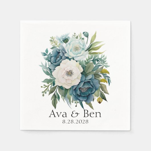 Serviette En Papier Mariage de pivoines florales turquoises (Devant)