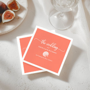 Serviette En Papier Mariage de plage aux coquillages corail et blanc