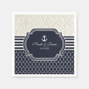 Serviette En Papier Mariage de plage élégant bleu marine et blanc