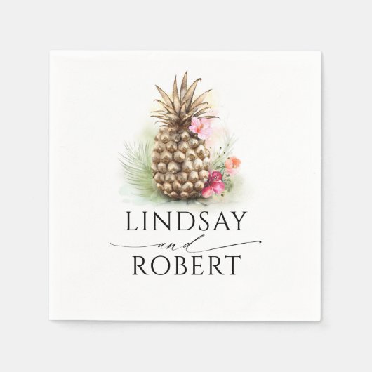 Serviette En Papier Mariage de plage tropicale à l'ananas d'or (Devant)