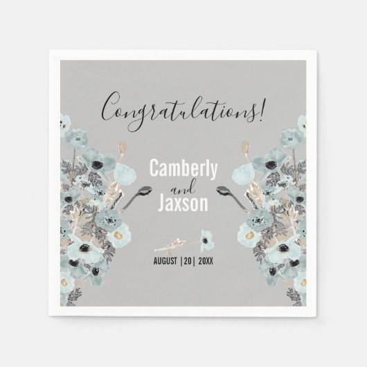 Serviette En Papier Mariage de Poppies Florales bleu et gris (Devant)