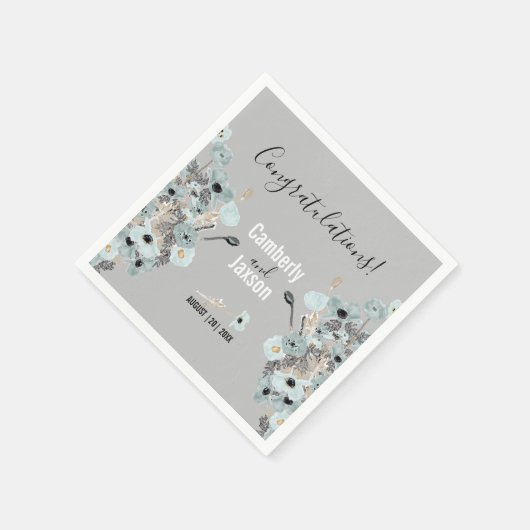 Serviette En Papier Mariage de Poppies Florales bleu et gris (Coin)