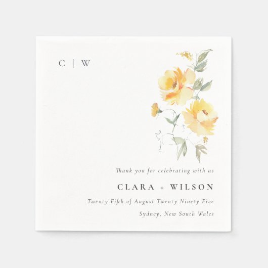 Serviette En Papier Mariage   de Rose à aquarelle jaune vert (Devant)